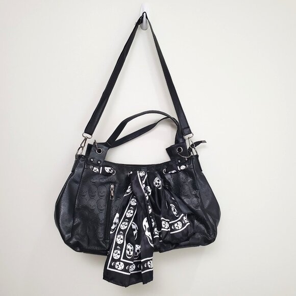 Skull Handbag Gothic Satchel Shoulder Crossbody Bag Black Purse Scarf Halloween - Picture 3 of 16